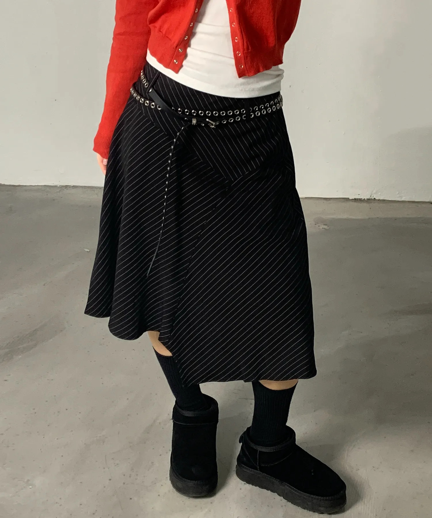 Pinstripe Asymmetrical Midi Skirt Black | Musinsa Global