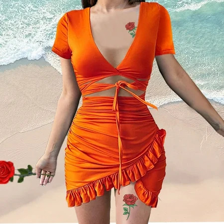 Women s Summer Holiday Ruffles Dress Ruched Dress Short Sleeve Cryptographic Floral Print Tie Up Wra | Walmart (US)