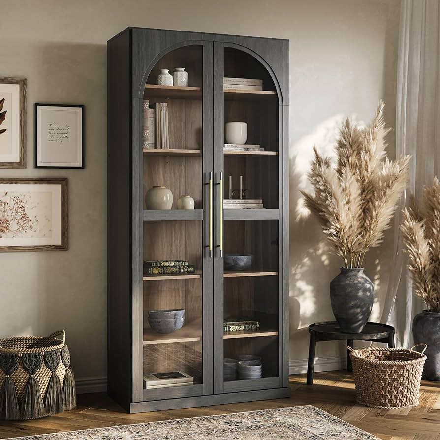 BELLEZE 67" Storage Cabinet, 6 Shelf Glass Bookshelf Display Cabinet, Modern Wood Wine Curio Cabi... | Amazon (US)