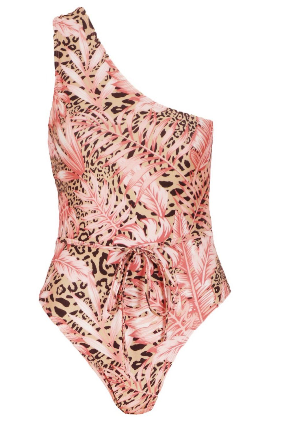 Tropical Leopard Mix One Shoulder Tie Waist Swimsuit | Boohoo.com (US & CA)
