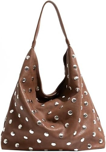 Studded Hobo Bags for Women Soft Vegan Leather Studded Slouchy Shoulder Handbag Tote Purse | Amazon (US)