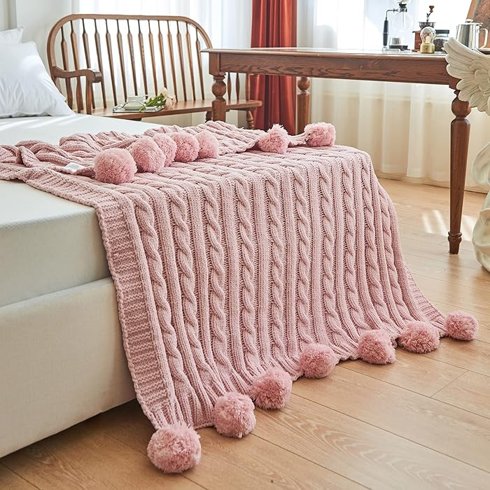 Chenille Chunky Knitted Throw Blanket with 14 pcs Pom Poms Tassel Super Soft Cozy Warm Blanket fo... | Amazon (US)