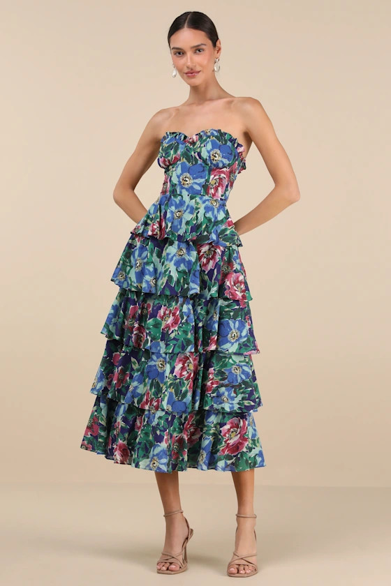 Nayha Blue Multi Floral Strapless Tiered Midi Dress | Lulus
