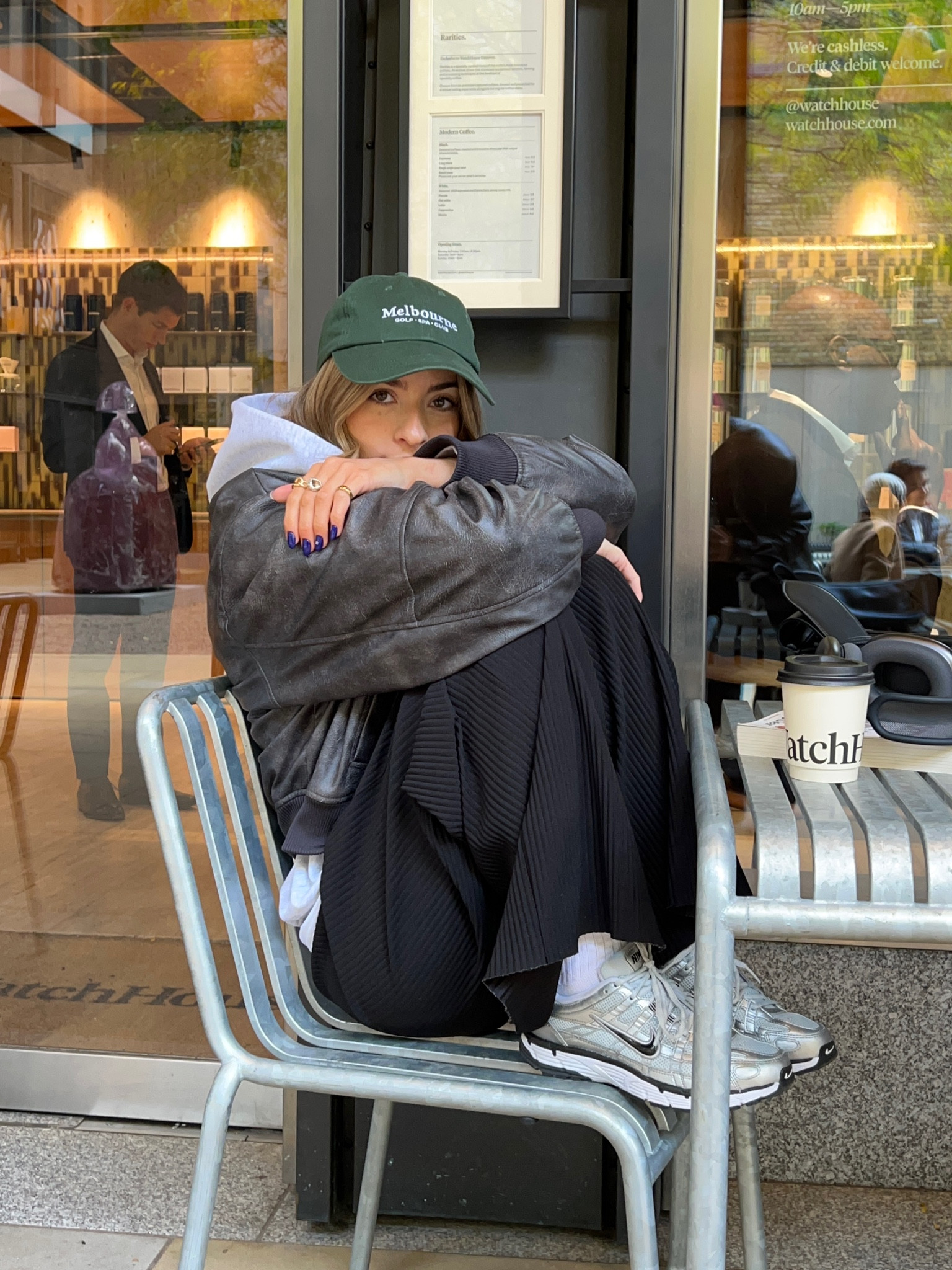 Grey oversized hoodie, faux leather bomber jacket, pleated black trousers, Nike p6000, green cap



#LTKeurope #LTKstyletip
