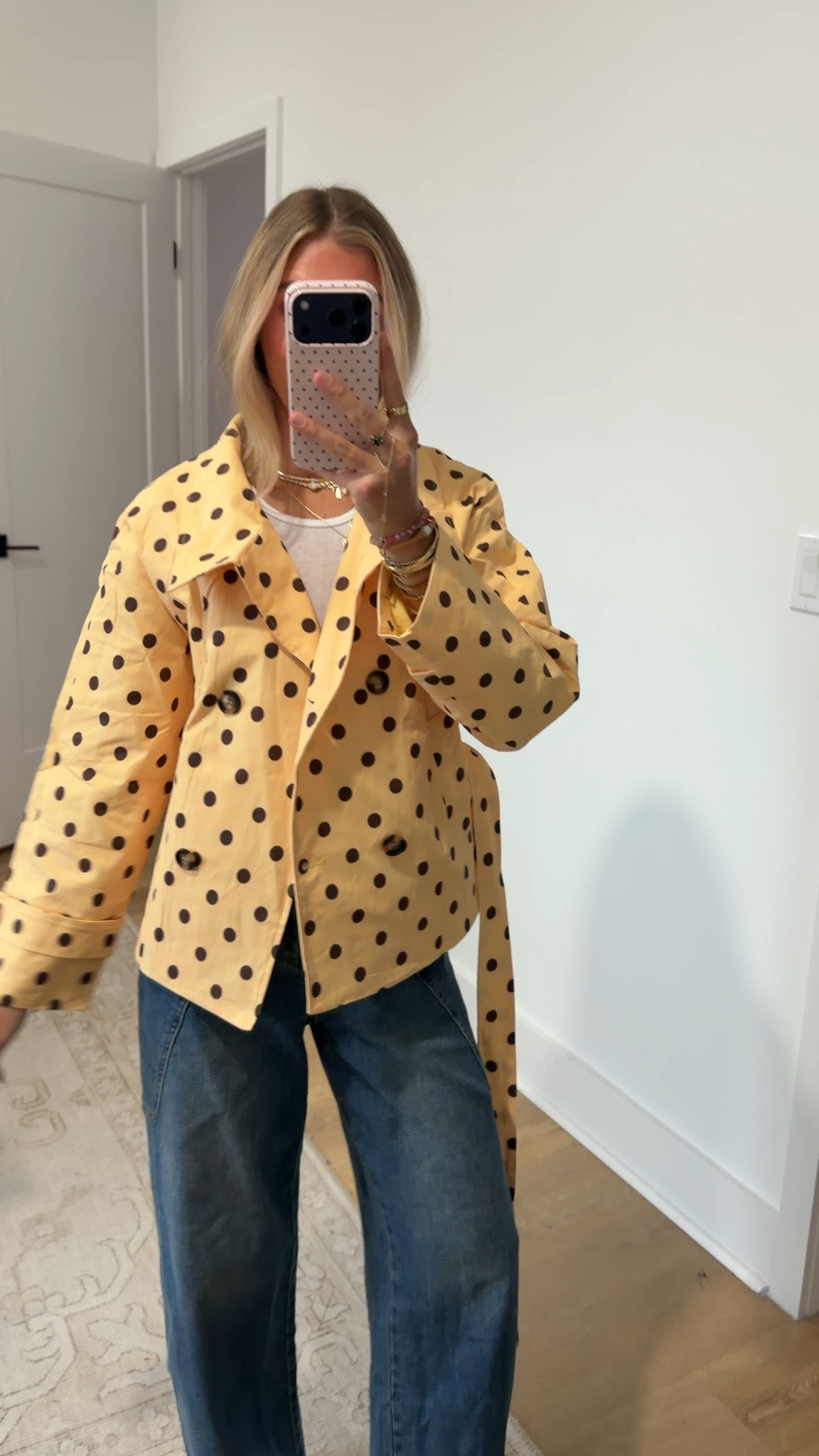 Amazon size small Tankaneo Womens Polka Dot Cropped Trench Coats Trendy Casual Short Jackets
Vintage, Street, Travel, Brunch, City Walk, Coffee, Weekend, Fall, Spring, Lightweight, Waist Belt, Oversized