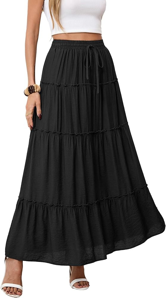 Maxi Skirts for Women, Elastic High Waist A-Line Tiered Boho Long Flowy Skirts 2026 Summer Dress ... | Amazon (US)