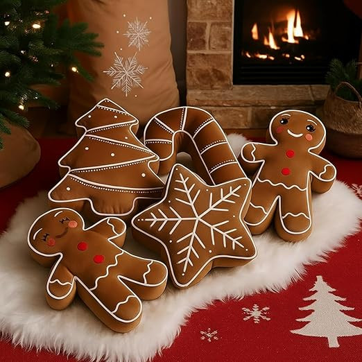 5 Pcs Brown Christmas Throw Pillows Gingerbread Christmas Tree Snowflake Peppermint Shaped Pillow... | Amazon (US)