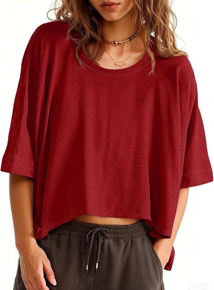 Tankaneo Womens Oversized T-Shirts Cropped Summer Casual Short Sleeve Loose Fit Tee Tops | Amazon (US)