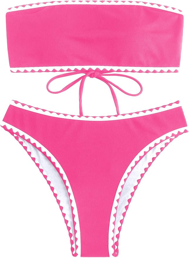ZAFUL Women 2 Piece Bandeau Swimsuits Ribbed Lace up Strapless Bandeau Bikini Set High Cut Bathin... | Amazon (US)