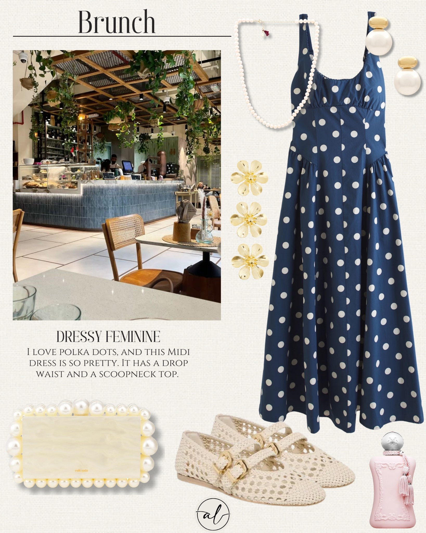 What to wear to Brunch - Dressy Feminine outfit. I love polka dots and this midi dress is so pretty, it has a drop waist and a scoopneck top. 

#LTKSeasonal #LTKU #LTKootd