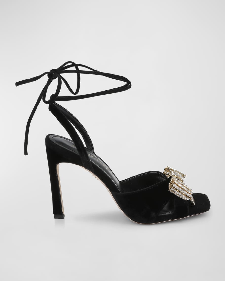 Gina Velvet Crystal Bow Ankle-Wrap Sandals | Neiman Marcus