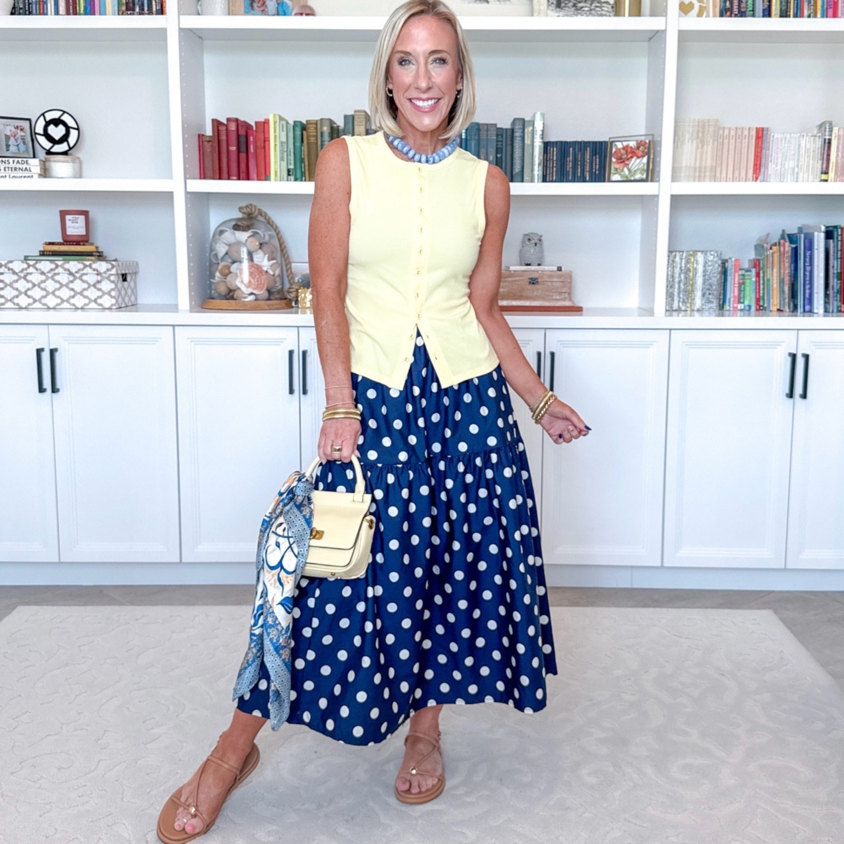 One polka skirt - styled 8 ways: • Midi skirt - size XS. Not lined but not see through. Elastic waistband and pockets! Yellow vest - size Small.

#LTKootd #LTKSeasonal #LTKOver40