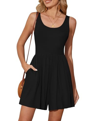 DouBCQ Womens Summer Romper Sleeveless Casual Short Jumpsuits One Piece Beach Outfits with Pockets Black M | Amazon (US)