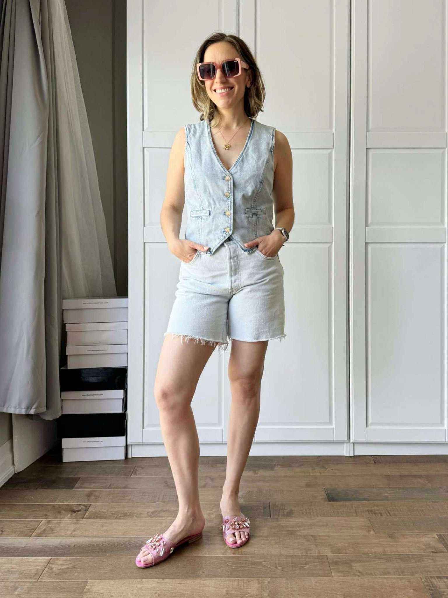 Denim on denim shorts outfit with denim vest and pink accessories  

#LTKSeasonal #LTKOver40 #LTKFindsUnder50