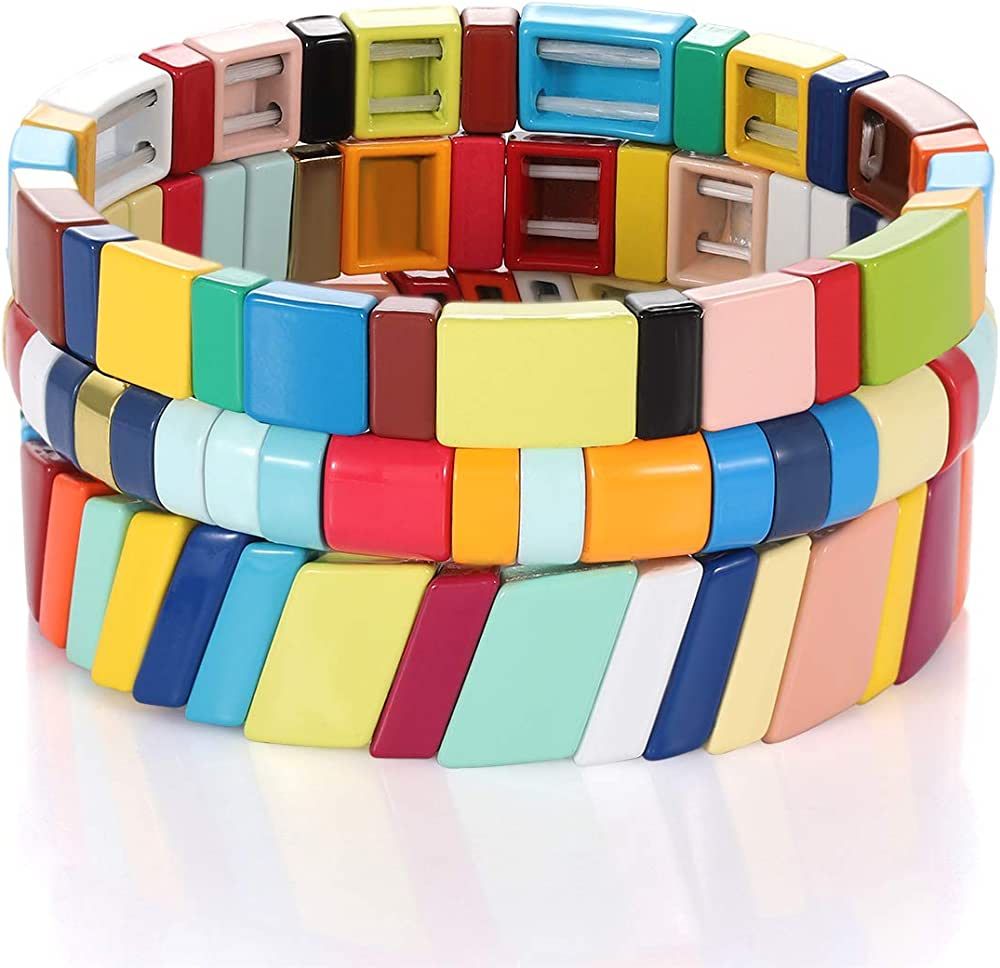 LENOOCLE Rainbow Enamel Tile Bracelet Colorful Enameled Beaded Stretch Bracelet Stackable Color-B... | Amazon (US)