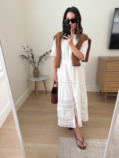 Gap lace midi dress. Really gives Doen vibes. Wearing a regular small here. Need the regular xs went with regular length bc cropped dress look less elevated IMO. 

Gap dress small. Need xs 
Hermes Oran sandals 35
Sezane cardigan xs
J.crew bag 
Celine sunglasses  

#LTKshoecrush #LTKitbag #LTKfindsunder100