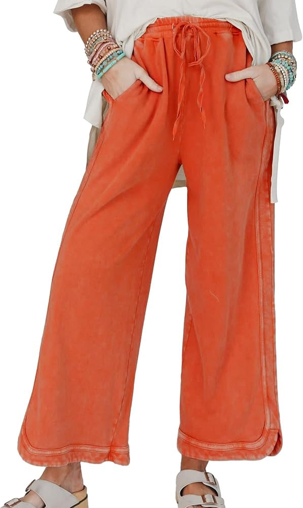 Hixiaohe Women's Casual Wide Leg Sweatpants High Waist Baggy Acid Wash Pants Drawstring Athletic ... | Amazon (US)