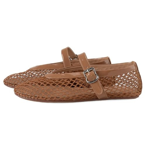 Gradinery Women's Mesh Ballet Flats,Fishnet Ballerina Buckle Strap Shoes,Mary Jane Flats Casual Comfortable Daily Dress Shoes Beige Size 11 | Amazon (US)