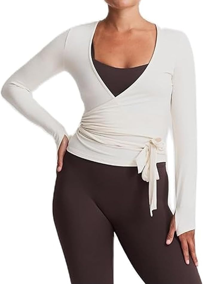 Y2k Ballet Pilates Wrap Top for Women Long Sleeve Deep V Neck Tie Front Workout Yoga T Shirt Blou... | Amazon (UK)