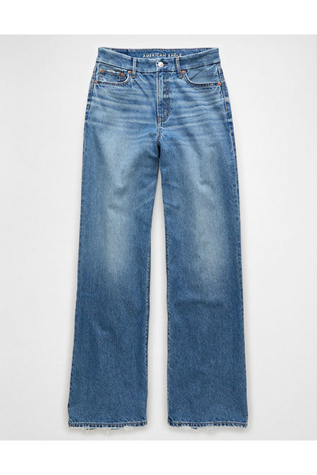 AE Strigid Curvy Super High-Waisted Baggy Straight Jean Women's Blue Strands 4 X-Short | American Eagle Outfitters (US & CA)