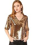 Allegra K Women's Metallic Sequin Top Shirt V Neck Half Sleeve Party Sparkle Glitter Shiny Blouse XL | Amazon (US)