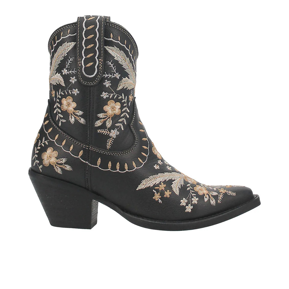 Shop Black Womens Dingo Primrose Embroidered Floral Snip Toe Cowboy Booties | Shoebacca