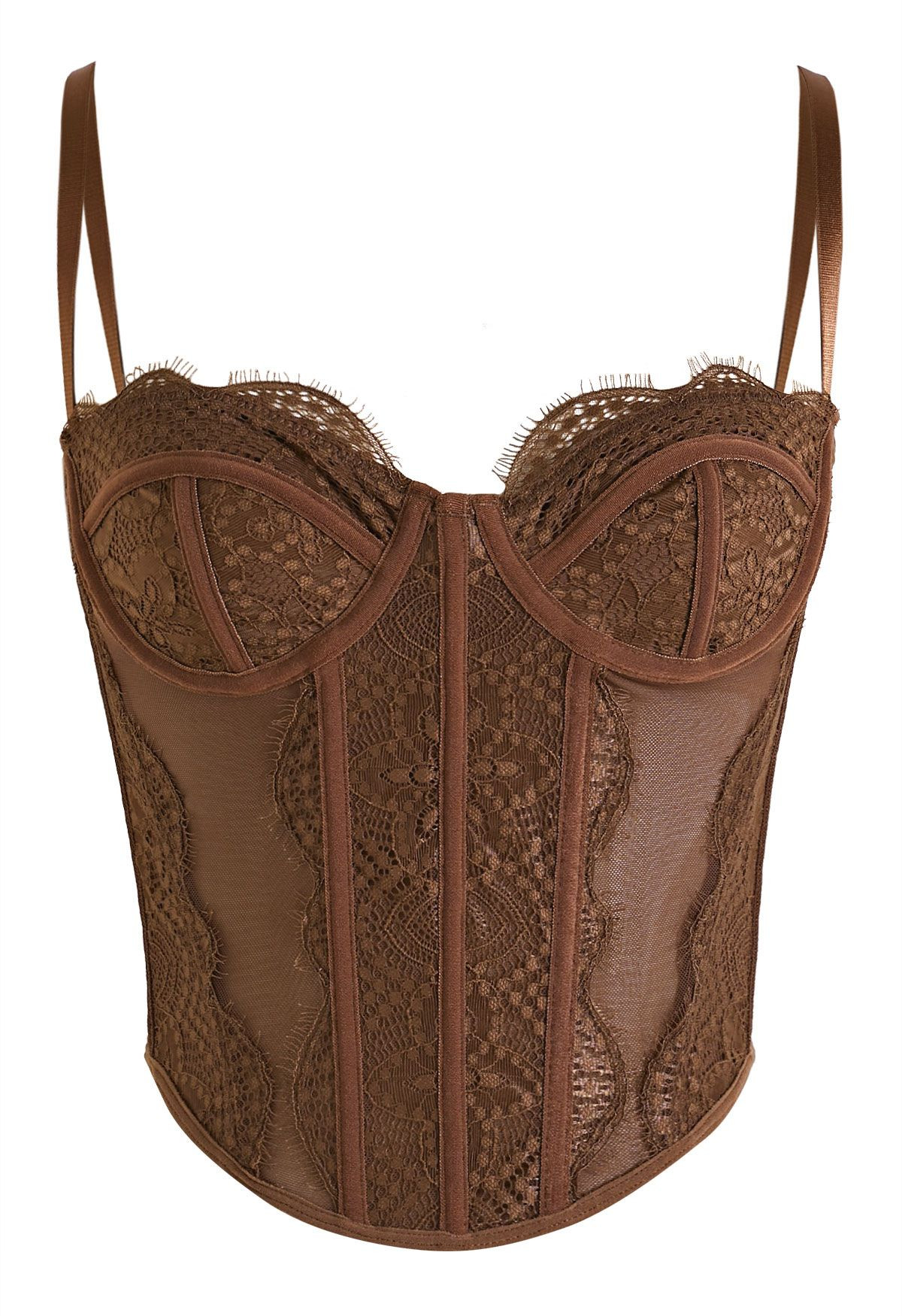Elegant Sheer Lace Mesh Bustier Top in Chocolate Brown for Cocktail Parties & Retro Themed Events | Chicwish