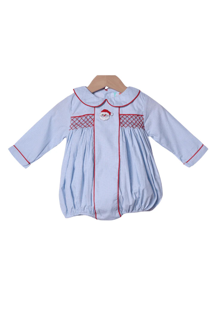 Smocked/French Knot Santa Blue Gingham Bubble | The Smocked Flamingo