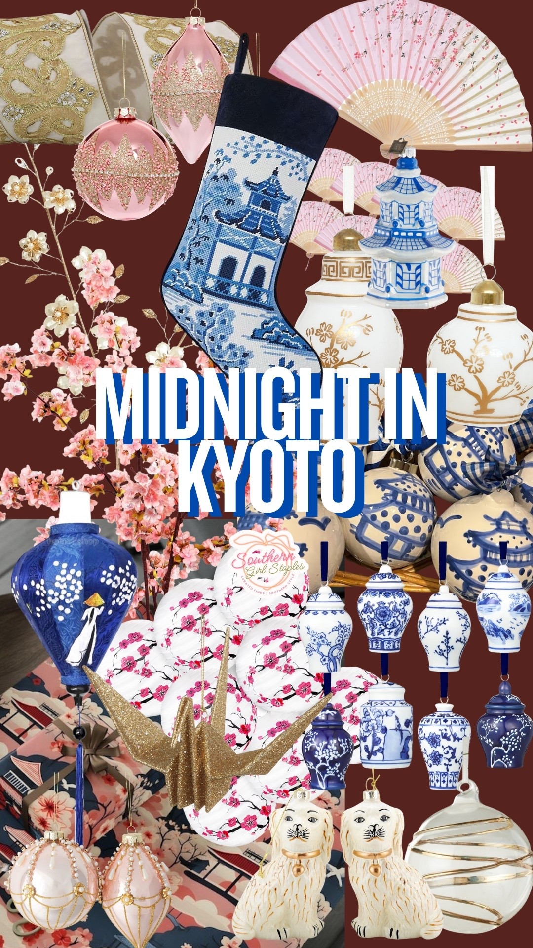 🎎 MIDNIGHT IN KYOTO 🎎
Where chinoiserie meets Christmas magic. This moody yet elegant collection blends blue & white porcelain, cherry blossoms, and gold accents for a look that’s timeless, romantic, and perfectly unexpected.

💙 Classic ginger jars + pagoda ornaments
🌸 Soft pinks & blush tones with luxe gold
✨ Asian-inspired motifs meet traditional holiday sparkle

For the girl who loves a refined, storybook Christmas with a touch of wanderlust.

Shop the “Midnight in Kyoto” collection on my LTK 🏮✨
#SouthernGirlStaples #ChristmasDecor #HolidayHome #ChinoiserieChristmas #BlueAndWhiteDecor #CoastalGrandmillennial #LTKHome #LTKHoliday #ChristmasInspo

#LTKFamily #LTKHoliday #LTKHome