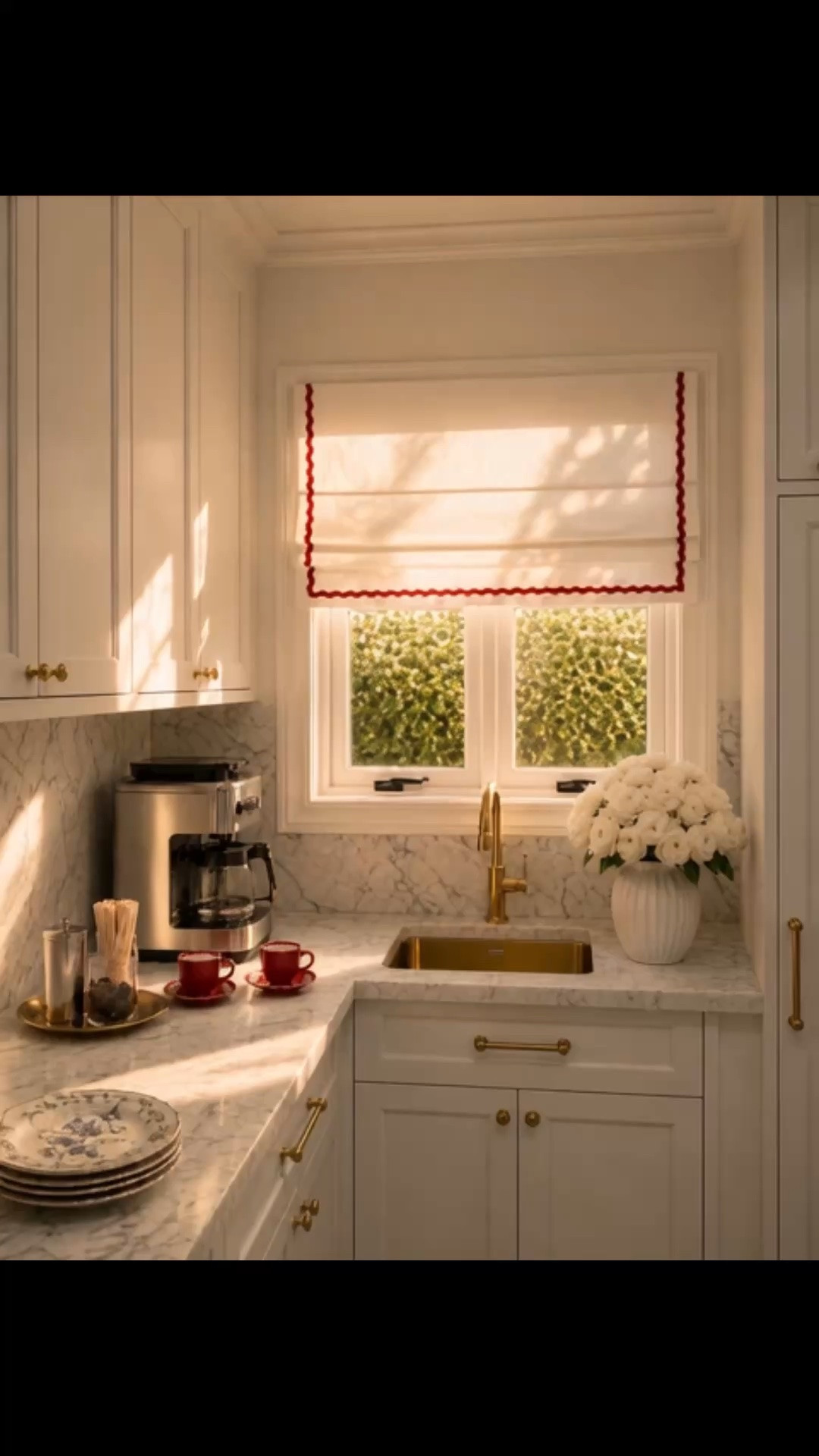 Slow weekends are made for lingering a little longer at the coffee station. ☕️ This petite kitchen corner is thoughtfully designed to feel polished and multifunctional—from the espresso machine and charming espresso cups to the delicate dessert plates, built-in bar sink, and elegant brass faucet. The red scallop-trimmed Roman shade adds just the right touch of personality, while a fresh floral arrangement makes the whole moment feel beautifully considered.

#CoffeeStation #EspressoMachine #EspressoCups #DessertPlates #BarSink #BarFaucet #RomanShade #FloralArrangement #KitchenDesign #WeekendCoffee #KitchenInspiration #HomeDetails

#LTKdayinmylife #LTKHome