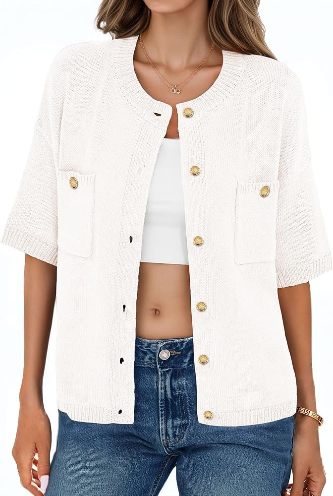 Womens Cardigan Sweaters Short Sleeve 2025 Button Up Y2k Summer Crew Neck Crop Lightweight Knit Shirt Tops | Amazon (US)
