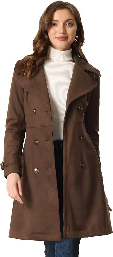 Allegra K Women's Faux Suede Trench Coat Jacket Classic 2023 Fall Winter Double Breasted Overcoat | Amazon (US)