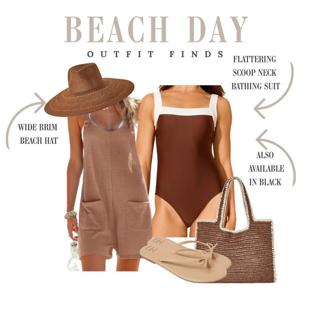 Such a cute neutral beach day look. This flattering scoop neck one piece paired with an easy cover up and classic accessories is perfect for warm days by the water.

#LTKOver40 #LTKmomlife #LTKSeasonal
