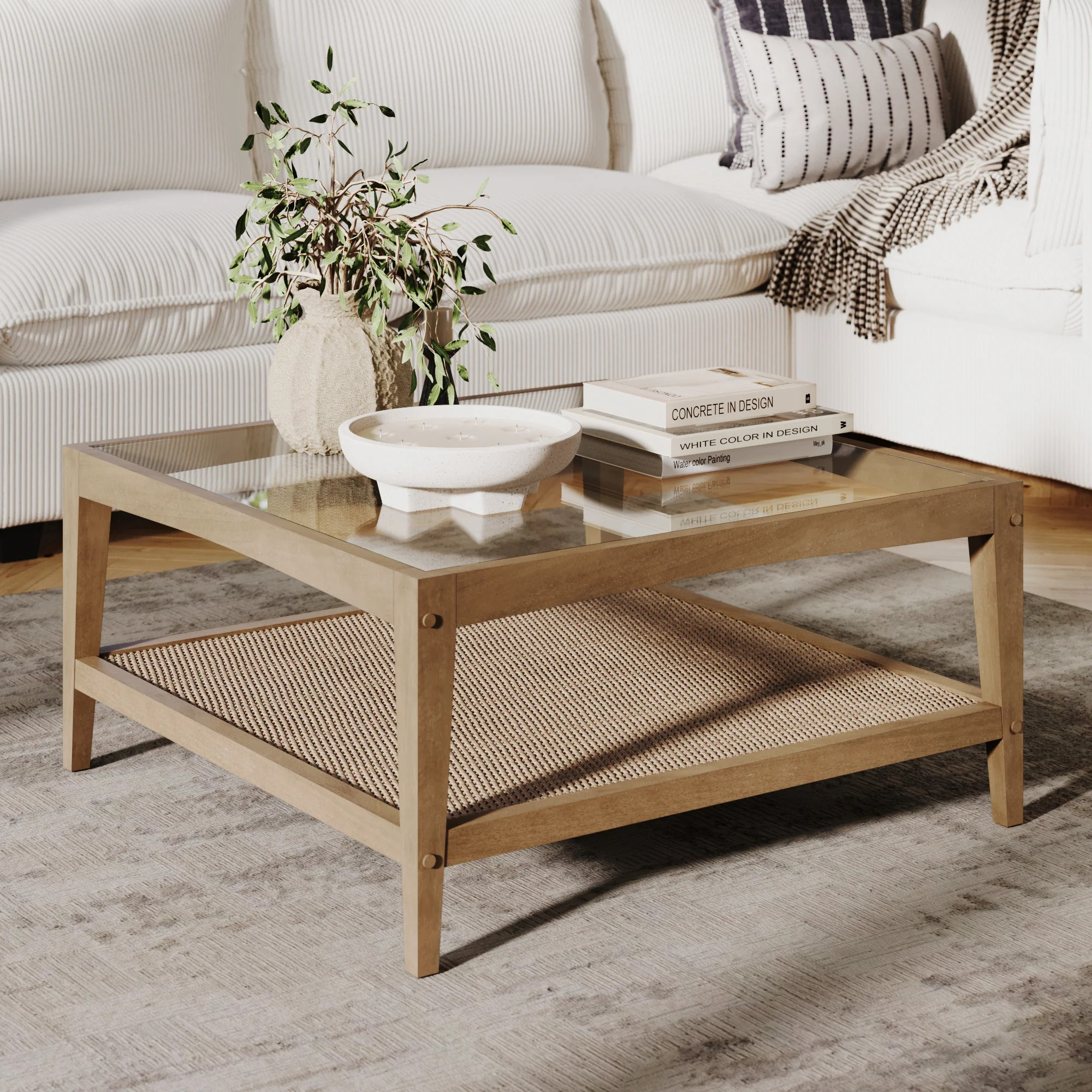Square Glass & Rattan Coffee Table with Solid Wood Legs | Nathan James