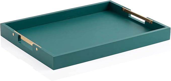 Kanwone Decorative Tray with Gold Polished Metal Handles, 15.7"x11.6" Rectangle Ottoman Tray, Ser... | Amazon (US)