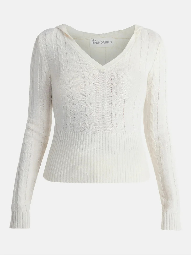 No Boundaries Cable Knit Sweater Hoodie, Lightweight, Women's | Walmart (US)