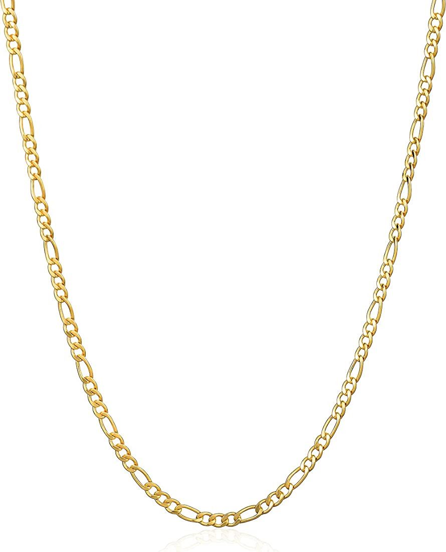 Barzel 18K Gold Plated Figaro Chain Necklace 2MM, 2.5MM, 3MM, 4MM, 4.5MM & 5MM for Women & Men | Amazon (US)