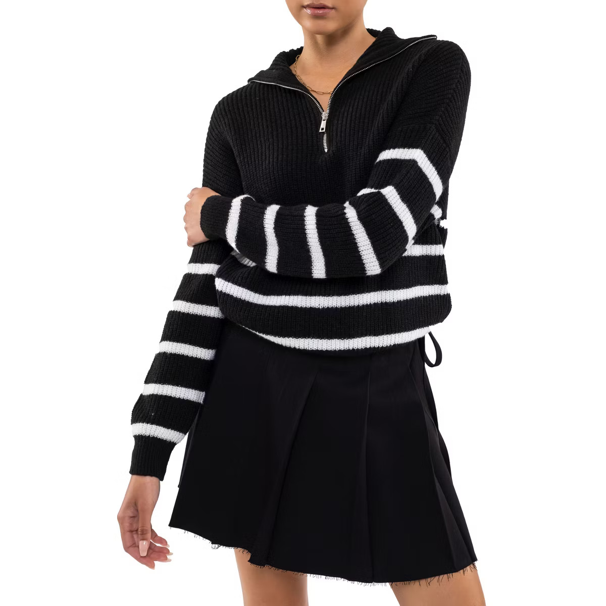 August Sky Women's Half Zip Mock Neck Breton Stripe Pullover Sweater  (Black M) | Target