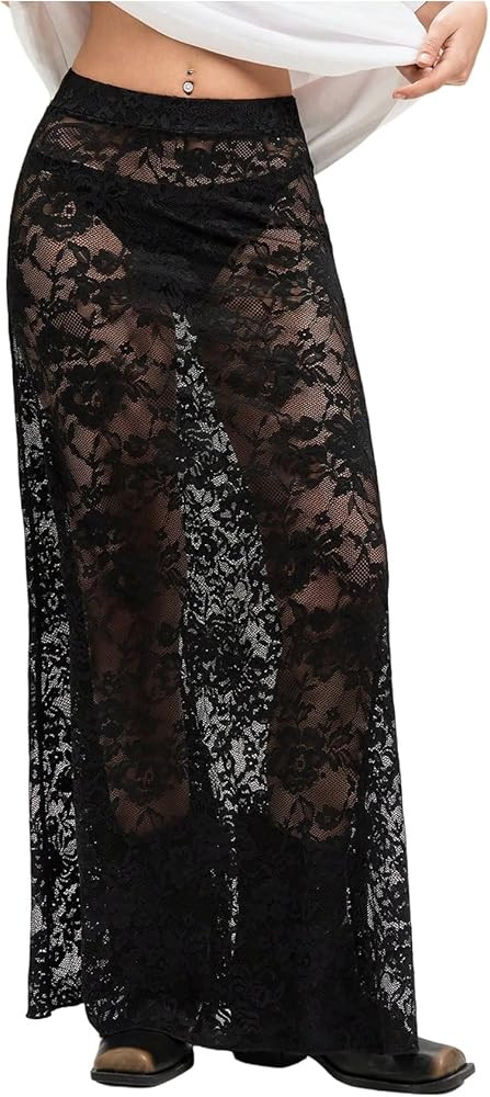 Milumia Women's Sexy Sheer Mesh Lace Maxi Skirt Y2k See Through Flowy Long Skirt | Amazon (US)