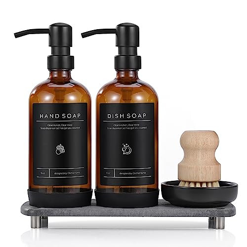 [Luxury] Kitchen Soap Dispenser Set - 16OZ Amber Glass Bottle, Stainless Steel Pump, Instant Dry Tray, Waterproof Labels, Non-Slip Silicone Pad, and Dish Brush | Upgrade for Your Kitchen and Bathroom | Amazon (US)