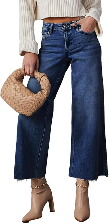 Allimy Women's High Waisted Straight Ankle Wide Leg Ripped Jeans Frayed Hem Stretchy Capri Denim ... | Amazon (US)