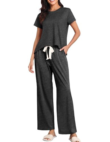 BAJAOEY Womens Pajama Sets 2 Pieces Lounge Sets for women Short Sleeve Top with Long Pajama Pants Soft Sleepwear Pj Sets M Dark Gray | Amazon (US)