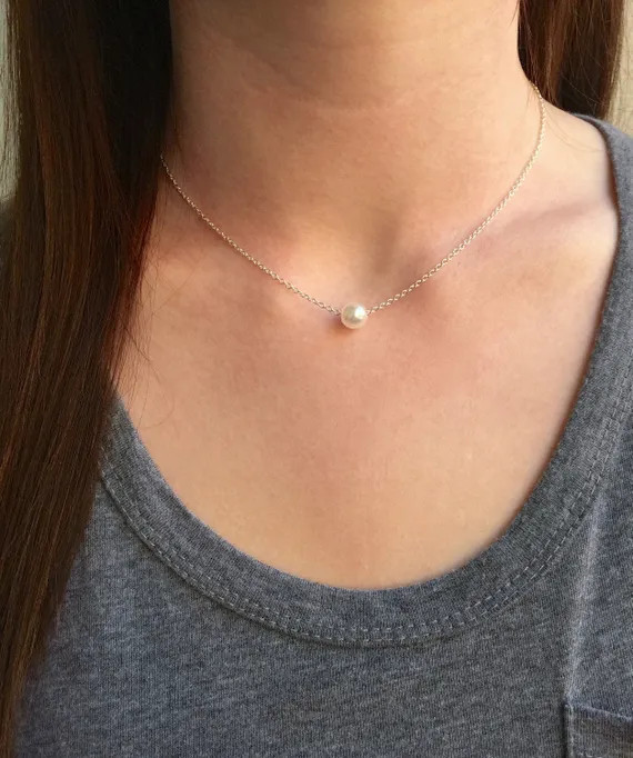 Floating Pearl Necklace, Dainty Necklace, Single Pearl Necklace, Simple Everyday Necklaces, Bride... | Etsy (US)