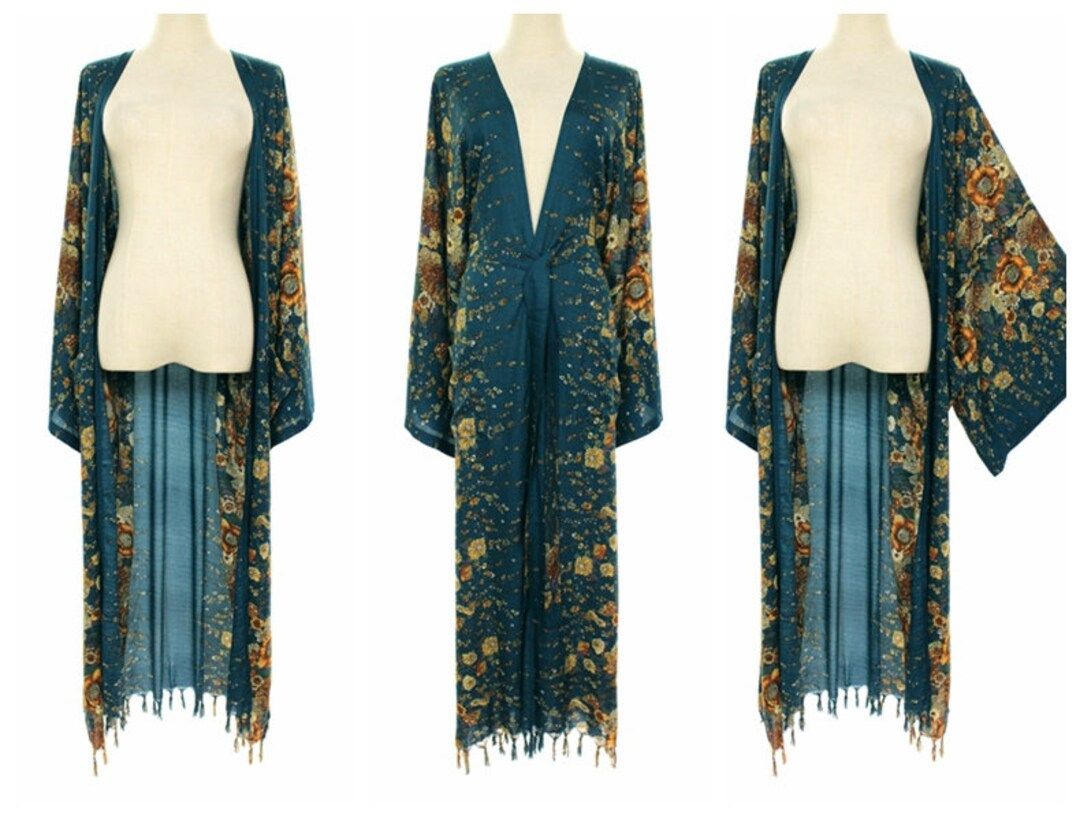 One Size L to 2X Big Kimono Sleeve Fringed Long Duster Jacket Wrap w/ Patch Pocket, Boho Holiday ... | Etsy (US)