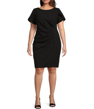 DKNY by Donna Karan Plus Size Short Tulip Sleeve Boat Neck Ruched Waist Sheath Dress | Dillard's