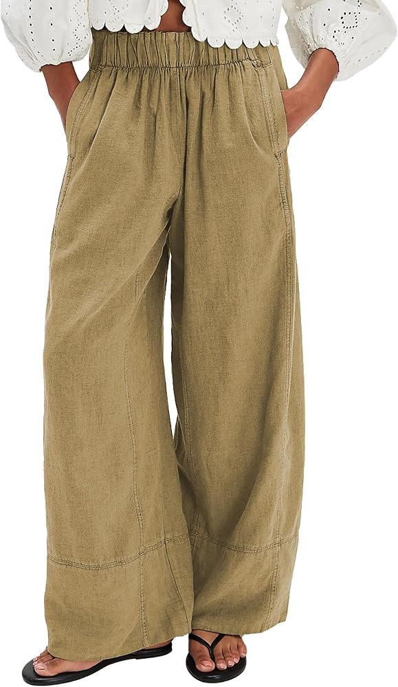 Linen Pants for Women Cotton Elastic Waist Boho Palazzo Wide Leg Pants Beach Vacation Casual Trou... | Amazon (US)