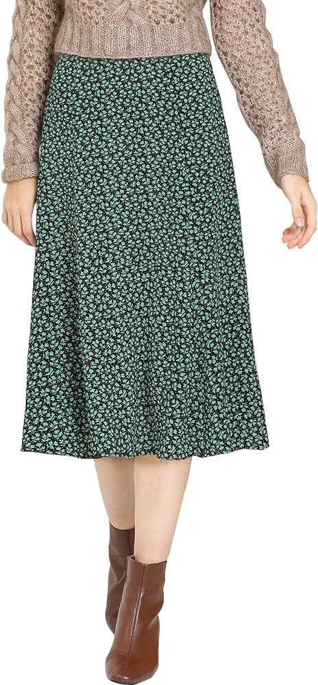 Allegra K Women's Floral Midi Skirt Peasant Elastic Waist A-Line Ditsy Leave Print Skirts | Amazon (US)