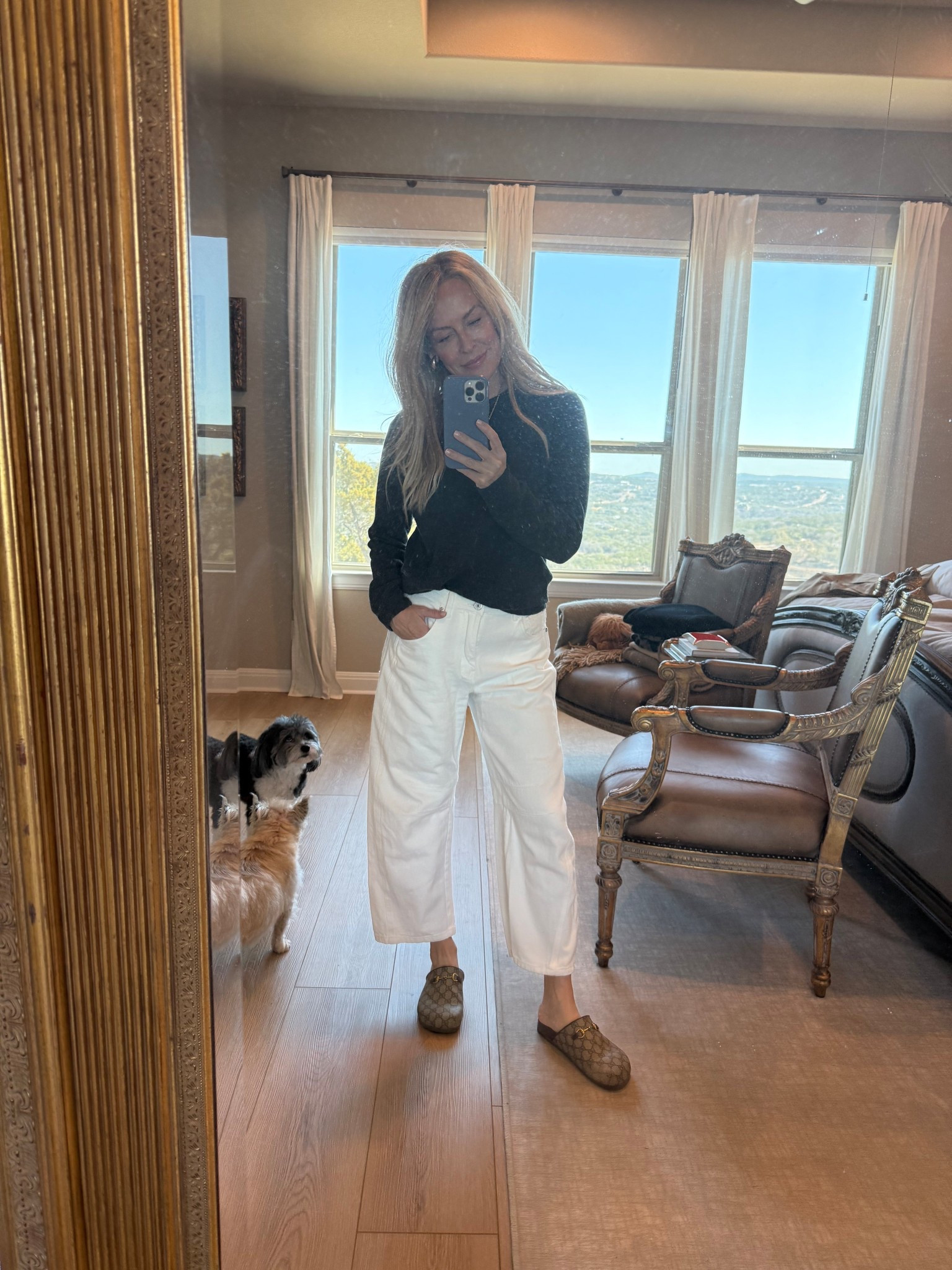 Out and about in cashmere and denim.