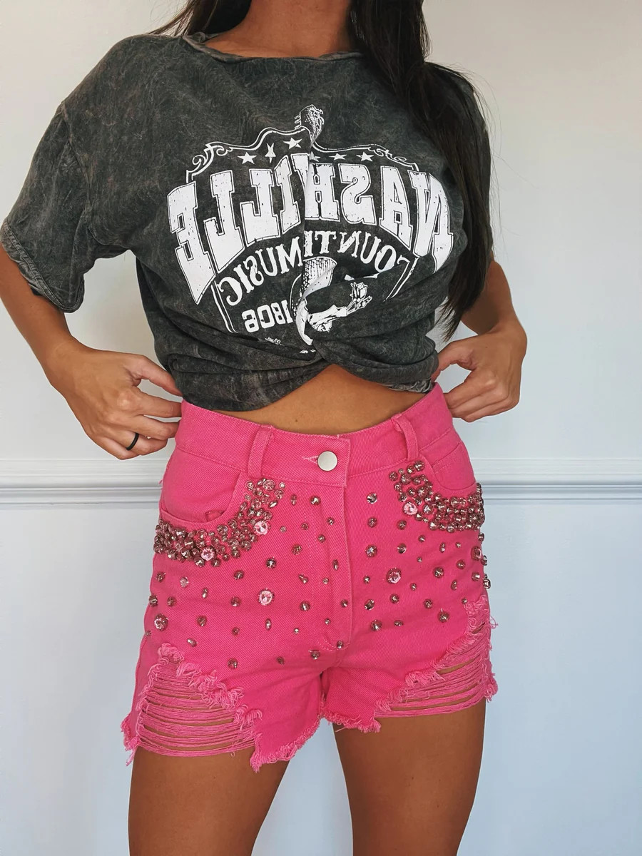 Somebody's Problem Pink Rhinestone Studded Shorts | Willow Boutique