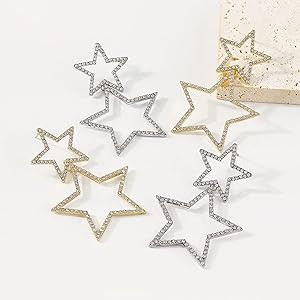 Sliver Star Stud Earrings for Women Rhinestone Big Star Dangle Earrings Lightweight Crystal Dangl... | Amazon (US)